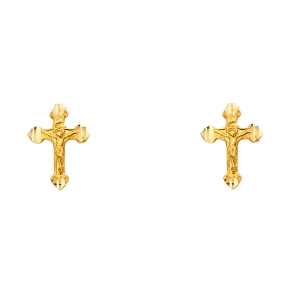 Jesus Cross Crucifix Post Stud Earrings 14k Yellow Gold Genuine Diamond Cut Polished New 11mm x 8mm