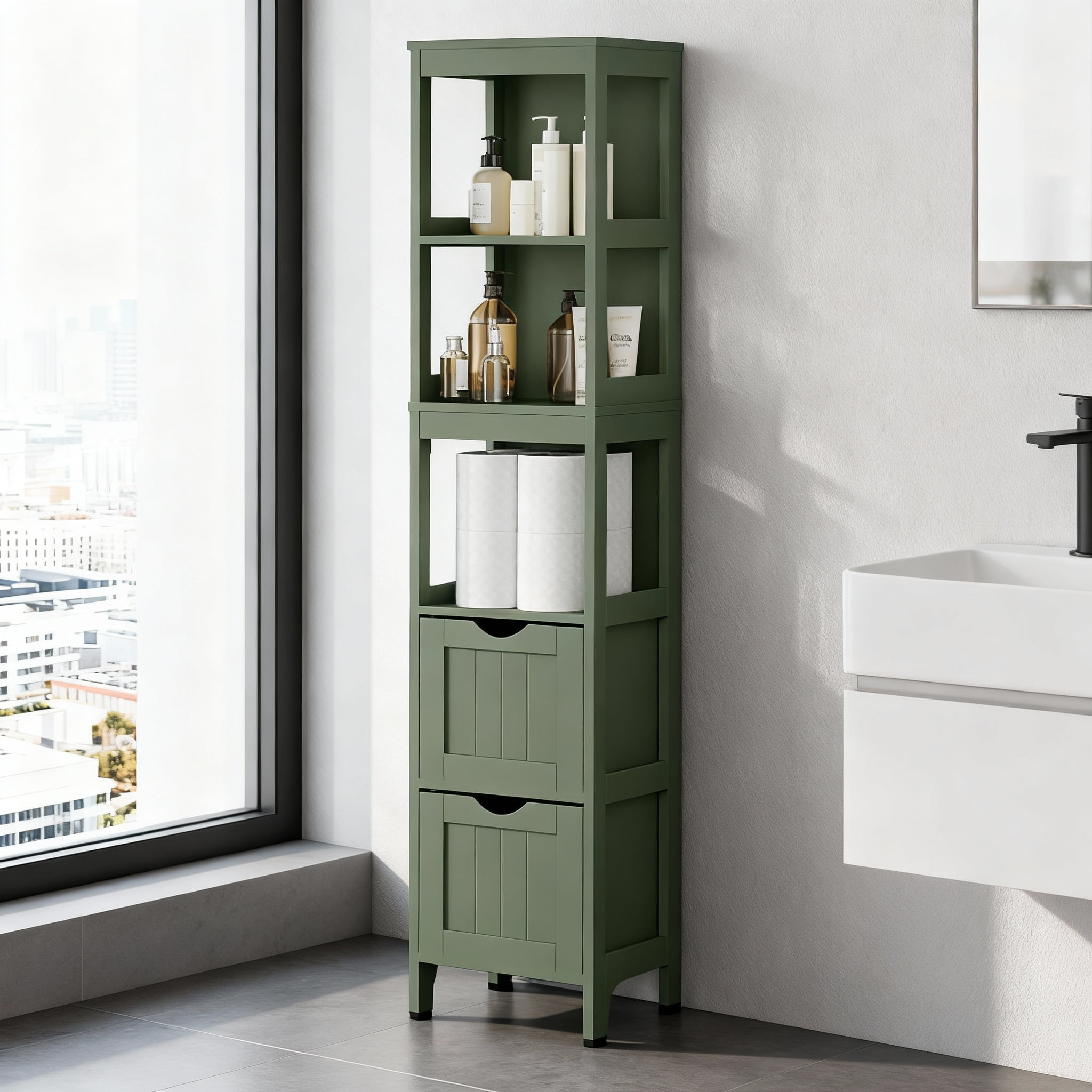 LEDREM Storage Cabinet with 2 Drawers and Open Shelf, Multifunctional Freestanding Corner Storage Rack for Bathroom, Living Room, Bedroom, Forest Green