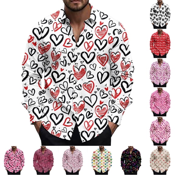 QATAINLAV Valentines Day Dress Shirts for Men Fashion Love Heart Print Long Sleeve Shirt Casual Lapel Button Down Blouse Top Vacation Hawaiian Shirts Red XXL Mother's Day Gifts