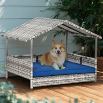 YIYADO Wicker Outdoor Dog Bed with Canopy, Cozy Rattan Dog House with Water-Resistant Cushion for Small & Medium Dogs – Dark Blue