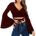 thumbnail image 5 of JGGSPWM Women Flare Bell Long Sleeve Tops Solid Shirts Crop Tunic Criss Cross Tshirts Vintage Y2K Fairy Pullover V Neck Blouse Wine M, 5 of 7