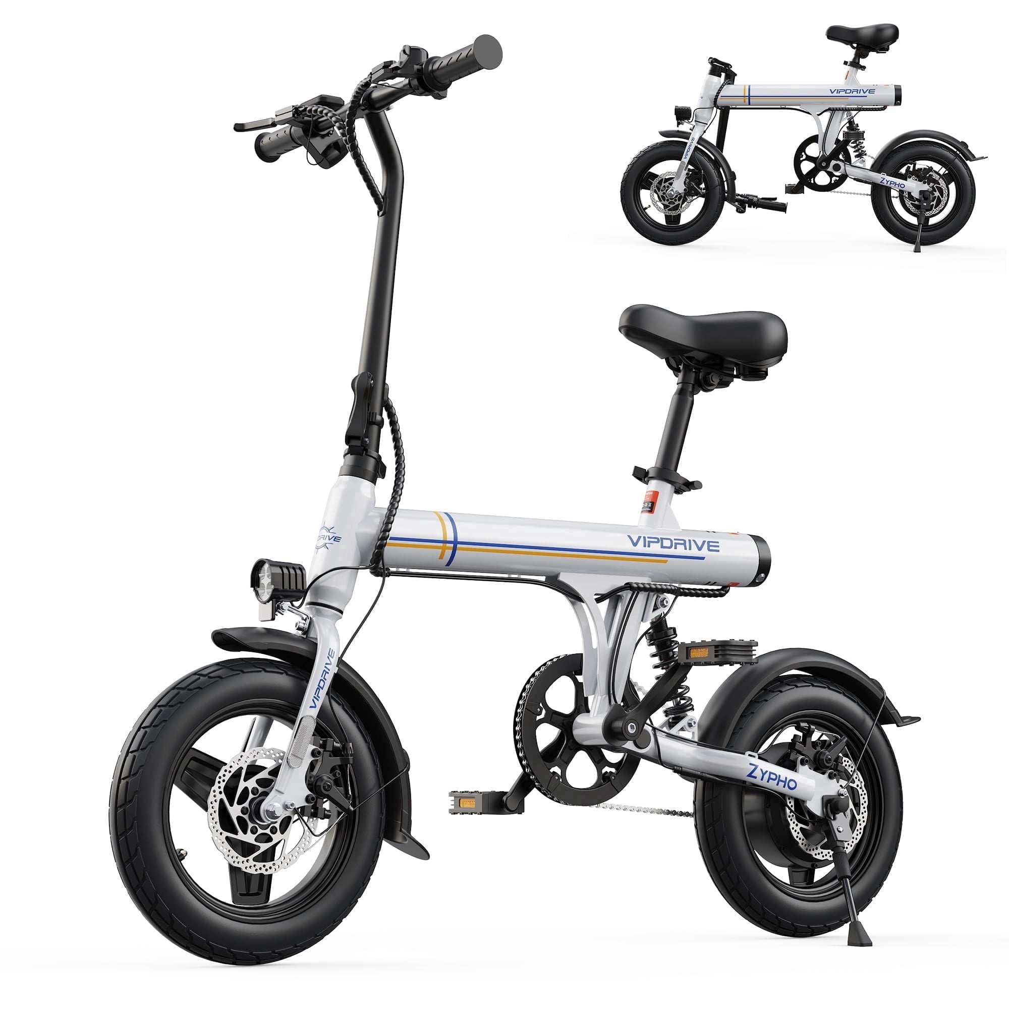 VIPDRIVE Electric Bike, 14" Folding EBike for Adults, 500W Peak Motor, 36V 7.8Ah Battery, 20MPH City Commuter E-Bike, Mini Ebike, LCD Display, UL2849