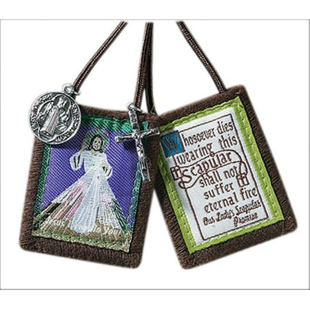 - Brown Cloth Divine Mercy Jesus Christ Scapular with Saint Benedict Medal and Crucifix, 1 3/4 Inch
