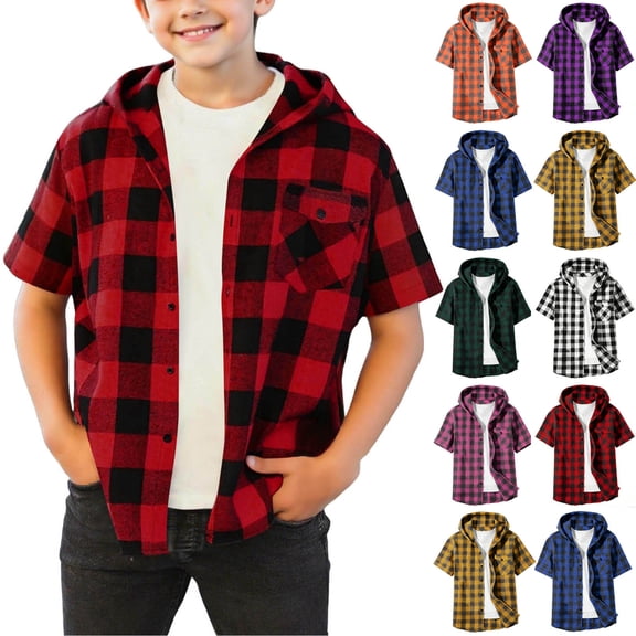 Agkizg Boys Short Sleeve Hooded Plaid Shirt,Boys Plaid Button Down Hooded Shirt Jacket Fall Short Sleeve Casual Zip Up Top with Collar Stylish Lightweight Outerwear for Youth 4-15 Years
