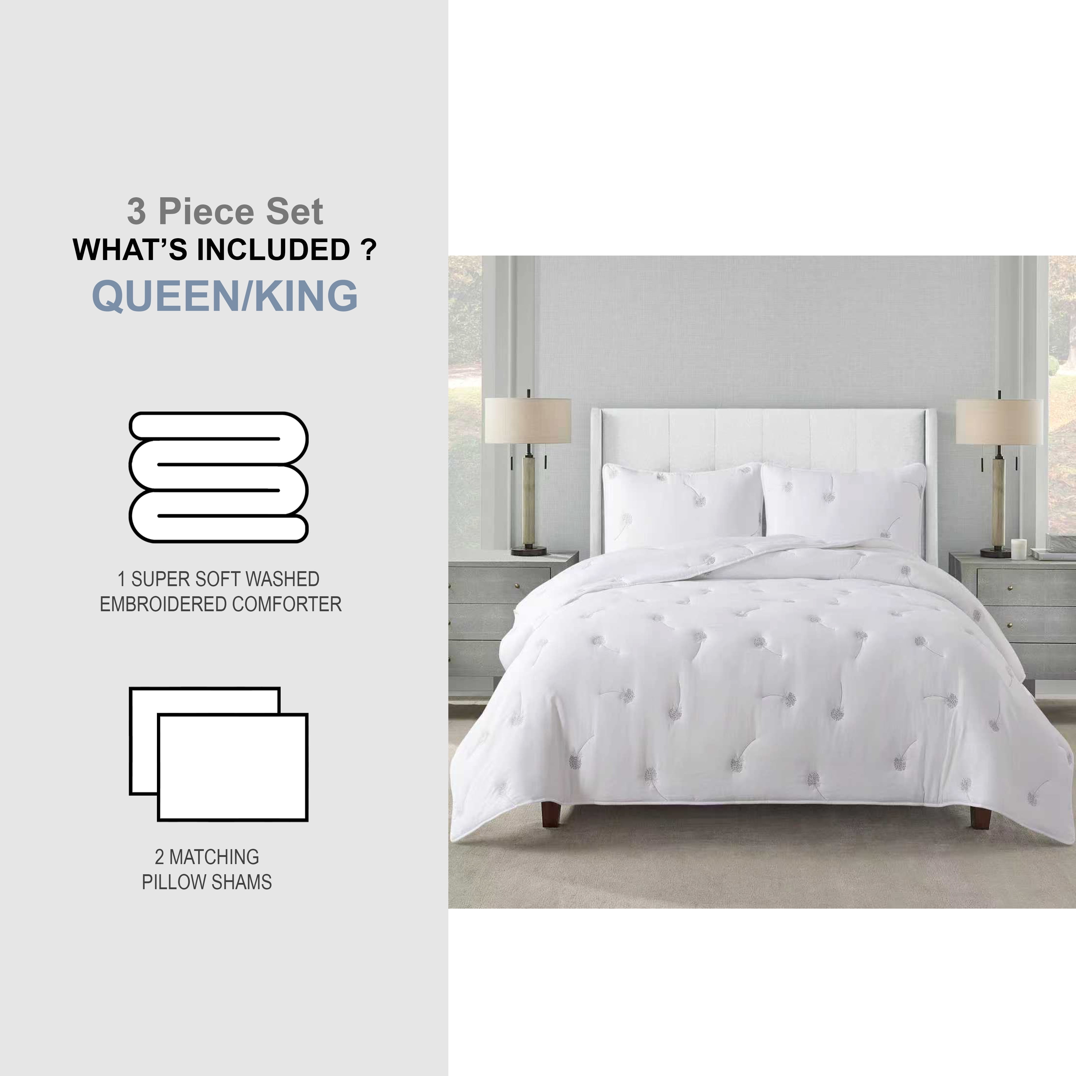 NSH by New Sega Home, 3-Piece Comforter Set, Embroidered Dandelion, White, Bed in a Bag, Full/Queen