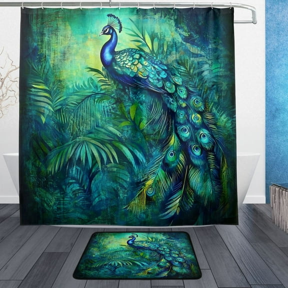 Elegant Peacock in Green Bathroom Accessory Sets Waterproof Shower Curtain with Anti-Slip Bath Mat Durable Combo