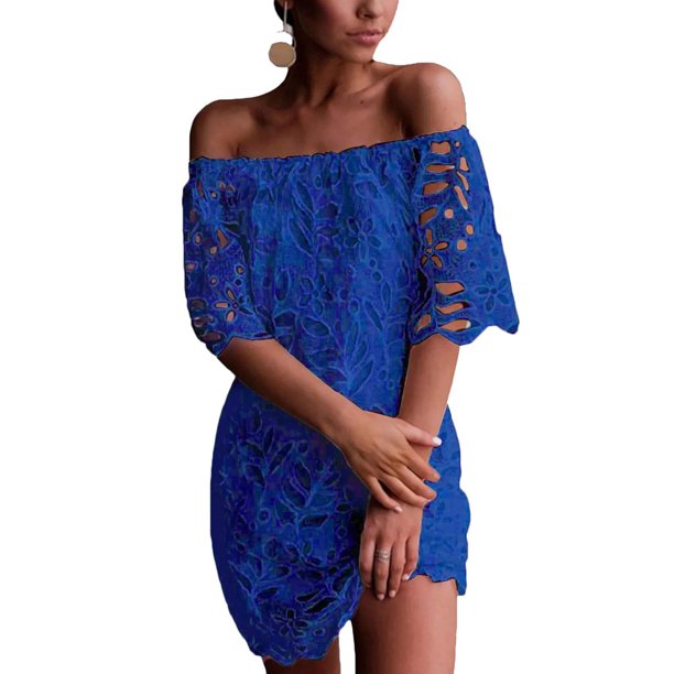 Vestido PRETTYGARDEN Mini Floral de Encaje Azul Oscuro con Hombros Descubiertos Talla L