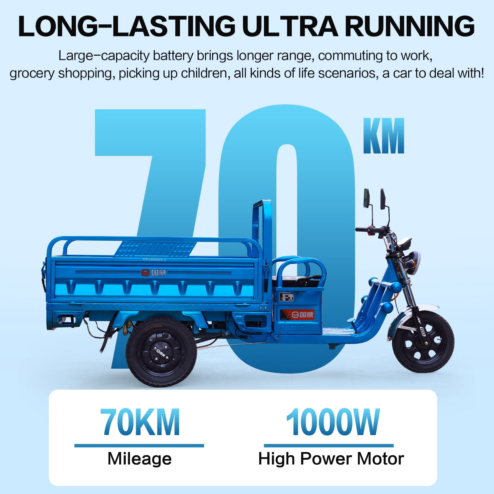 60-70Km 1000W Electric Cargo Tricycle Truck Simple Tricycle,Load Capacity 1100Lbs