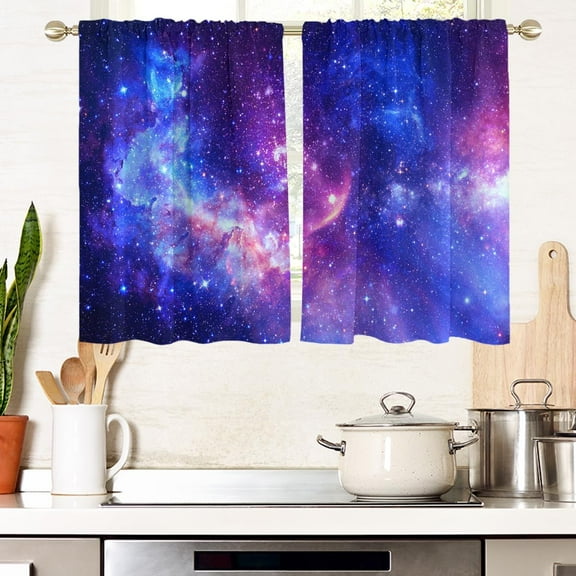Galaxy Window Curtains for Kitchen Kids Boys Girls Space Stars Celestial Universe Anime Small Short Home Living Room Bedroom Bathroom Drapes Treatment Tiers Fabric 1 Pair, 27.5" W x 39" L, Cool