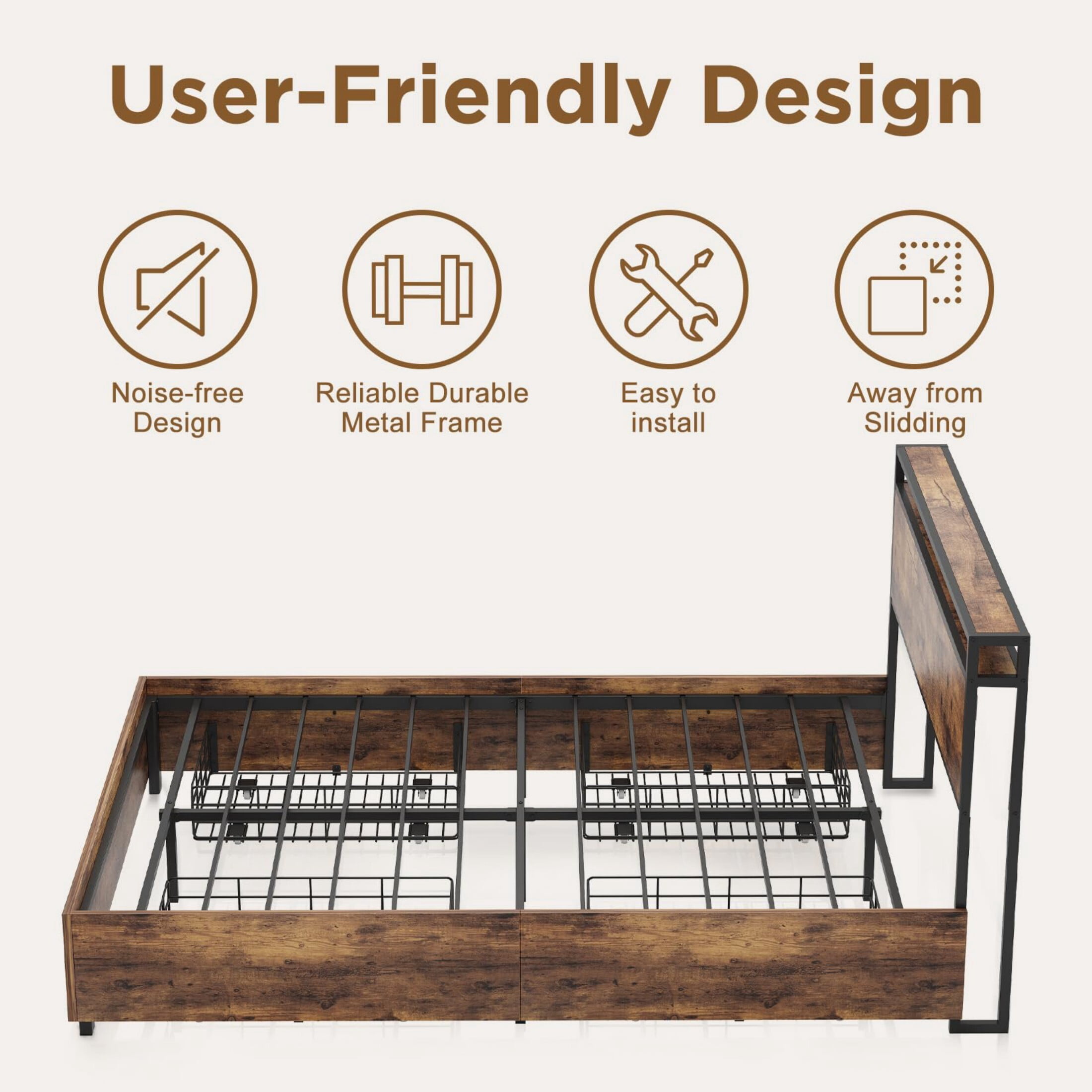 AENKYO Full Size Bed Frame with LED Lights and Charging Station, Platform Bed Frame with 4 Drawers, Rustic Brown