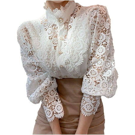 Summer Tops for Women 2022 Lace Eyelet Tops For Women White Summer Plus Size Shirts Long Sleeve Tunic Casual Puffy Button Up Blouses With Collar