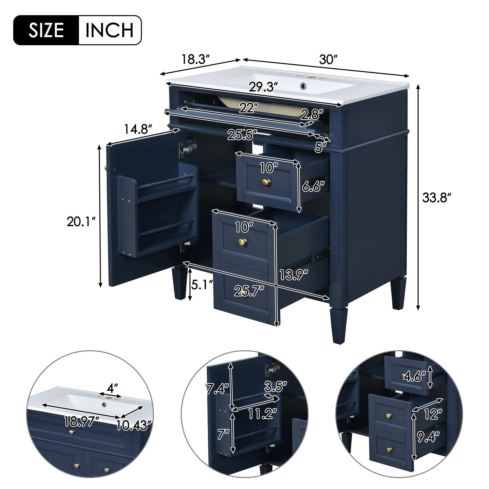 Euroco Modern Bathroom Vanity with Drawers, Cabinet Door Organizer & Tip-Out Tray,Freestanding Storage Cabinet with Sink Compatibility