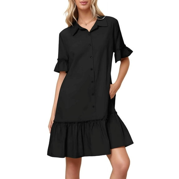 Women'S Summer Button Down Shirt Dress Casual Ruffle Sleeve Shift Mini Dresses with Pockets Black L