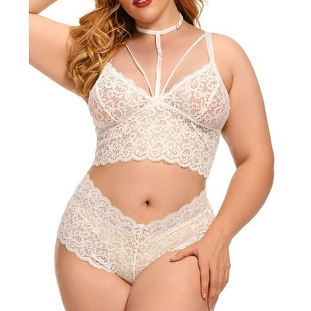 

YUEHAO underwear women Plus Size y Lingerie V Neck High Waist Floral Lace Criss Cross Bra And Panty 2 Piece Set No Underwire White XXL