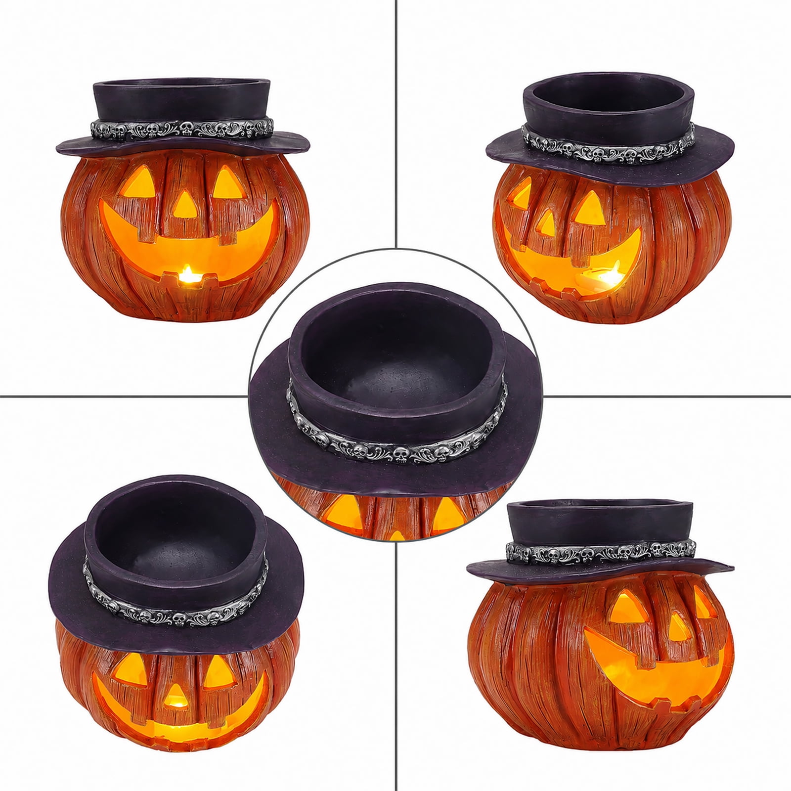 Halloween Pumpkin Candy Bowl with Witch Hat and LED Light, Jack O Lantern Storage Bowl and Tabletop Decor for Home Party, Yellow and Black