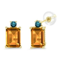 Gem Stone King 3.43 Ct Emerald Cut Yellow Citrine Blue Diamond 10K Yellow Gold Earrings
