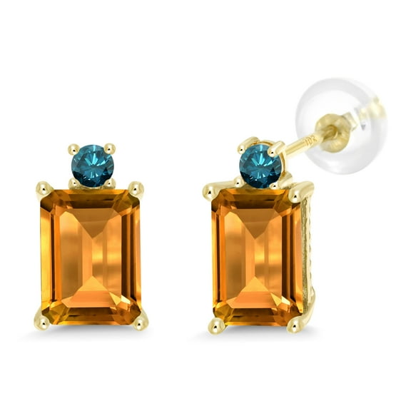 Gem Stone King 3.43 Ct Emerald Cut Yellow Citrine Blue Diamond 10K Yellow Gold Earrings