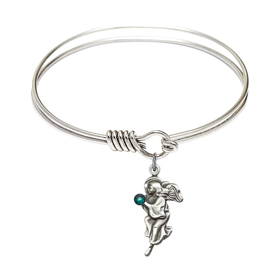6 1/4 inch Round Eye Hook Bangle Bracelet w/ Guardian Angel medal charm w/ May Green Swarovski Crystal