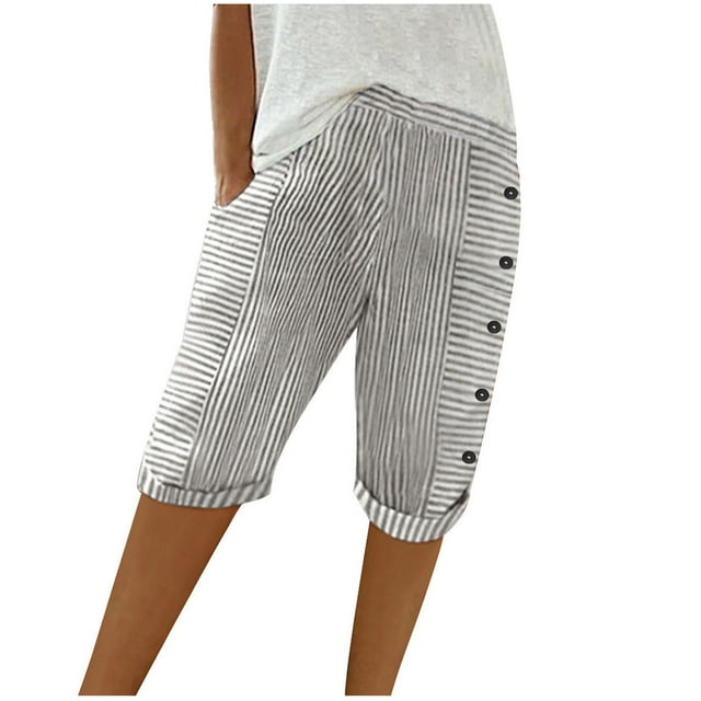 Birdeem Capris Décontractés pour Femmes d'Été Tissés à Rayures Patchwork à Boutons Amples en Coton et Lin