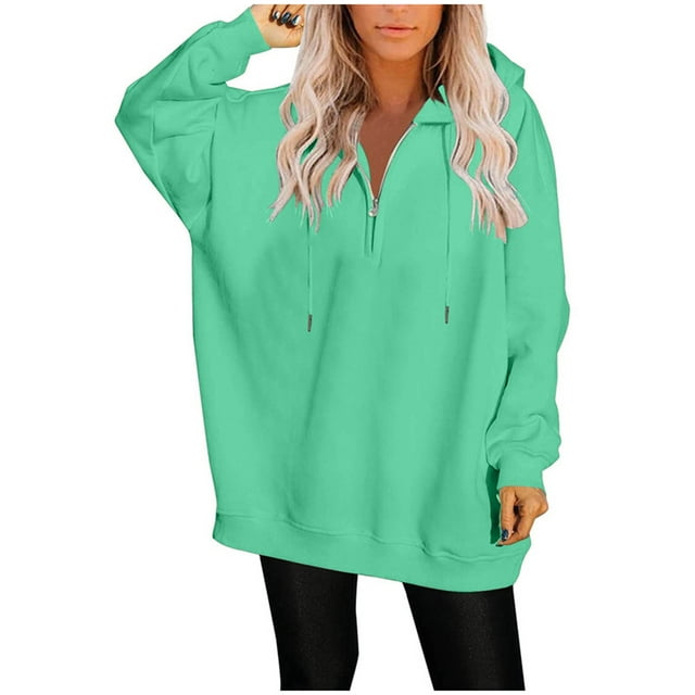 KIHOUT Spring Winter Womens Tops Long Sleeved Solid Color Loose Zippered V-neck Loose Hoodie Pullover