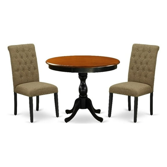 AMBR3-BCH-17 - Table and 2 Light Sable Linen Fabric Chairs - Black Finish