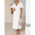 thumbnail image 3 of Faithtur Robe Longue Décontractée d'Été pour Femmes Couleur Unie Froncée Col en V Manches Courtes Mode Plage Vacances, 3 of 7