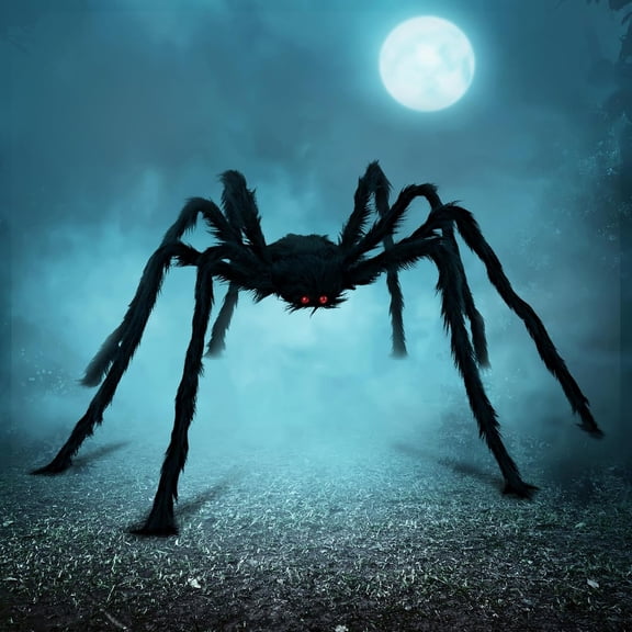 Halloween outdoor decoration giant spider, 5 feet big spider for yard lawn garden patio scary Halloween outdoor decoration, indoor haunted house props and home party decoration, black