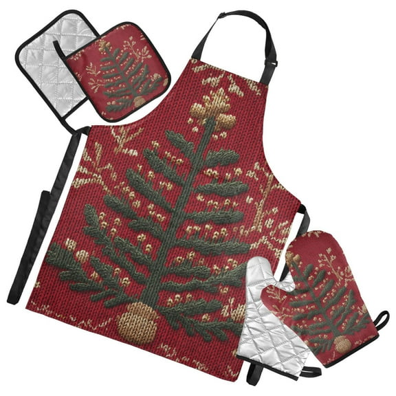 Knit Christmas Tree with Golden Leaves Apron Set with Oven Mitts Pot Holders Set of 5 Kitchen Stuff Accessories