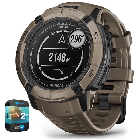 Garmin 010-02805-12 Instinct 2X Solar Rugged GPS Smartwatch Tactical Edition Coyote Tan Bundle with 2 YR CPS Enhanced Protection Pack