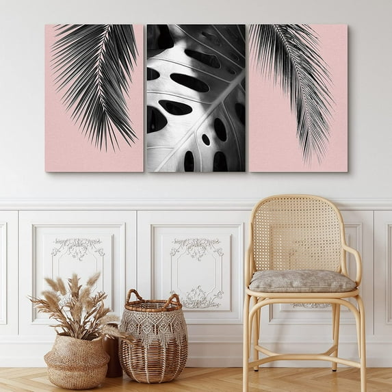 PixonSign Canvas Print Wall Art Set Hanging Palm Leaves & Monstera Floral Plants Photography Realism Tropical Closeup Multicolor Dark Black and White for Living Room, Bedroom, Office - 24"x36"x3