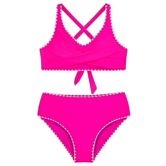 Nwiuh Girls Swimsuit Teen Crisscross Tie Back Bikini Sets Two Piece Bathing Suit Kids Swimwear (Hot Pink, 11-12 Years)