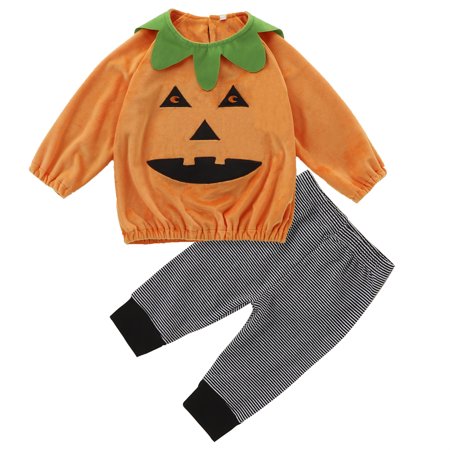 

Zukuco Toddler Baby Girls Halloween Outfit Long Sleeve Smile Pumpkin Top + Striped Pants Autumn Winter Clothes Set