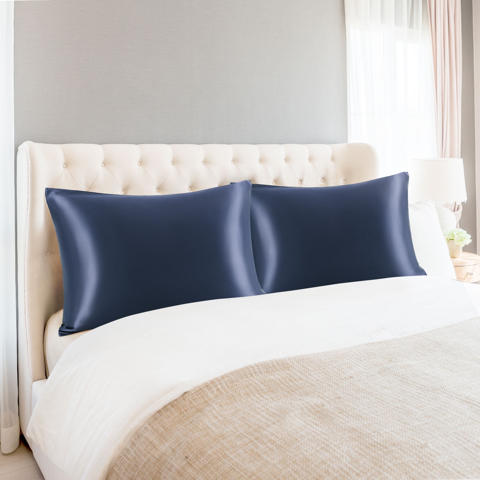 Unique Bargains Set of 2 Durable Soft Enveloped Closure Satin Pillowcase Navy Blue King(20"x36"）