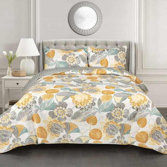 Lush Decor Ensemble de Literie Réversible 3 Pcs Imprimé Floral Feuilles Jaune & Gris Layla Complet Grand