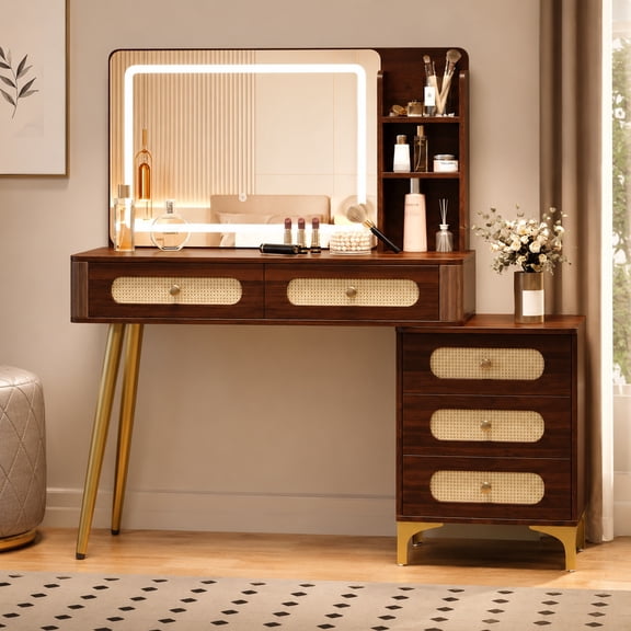 Aukfa 47.2" Rattan Makeup Vanity Desk with Lighted Mirror, Vintage Wood Vanity Table with 5 Drawers & Shelves, Gold Metal Legs, Walnut