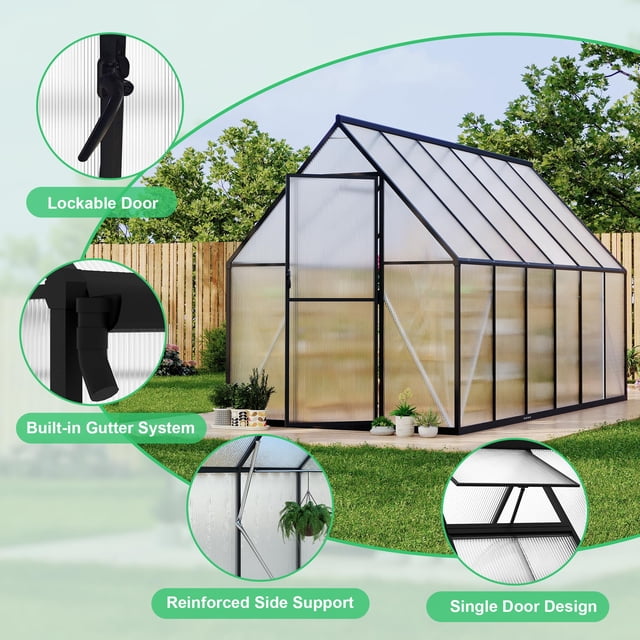 Serre en Aluminium Polycarbonate 6 X 11 Pi Robuste – Grande Trousse Extérieure à Entrée Piétonne, Portes à Double Balançoire, Structure à Installation Rapide, Évent de Toit, Gouttière, Haute Résistance au Vent, Noir