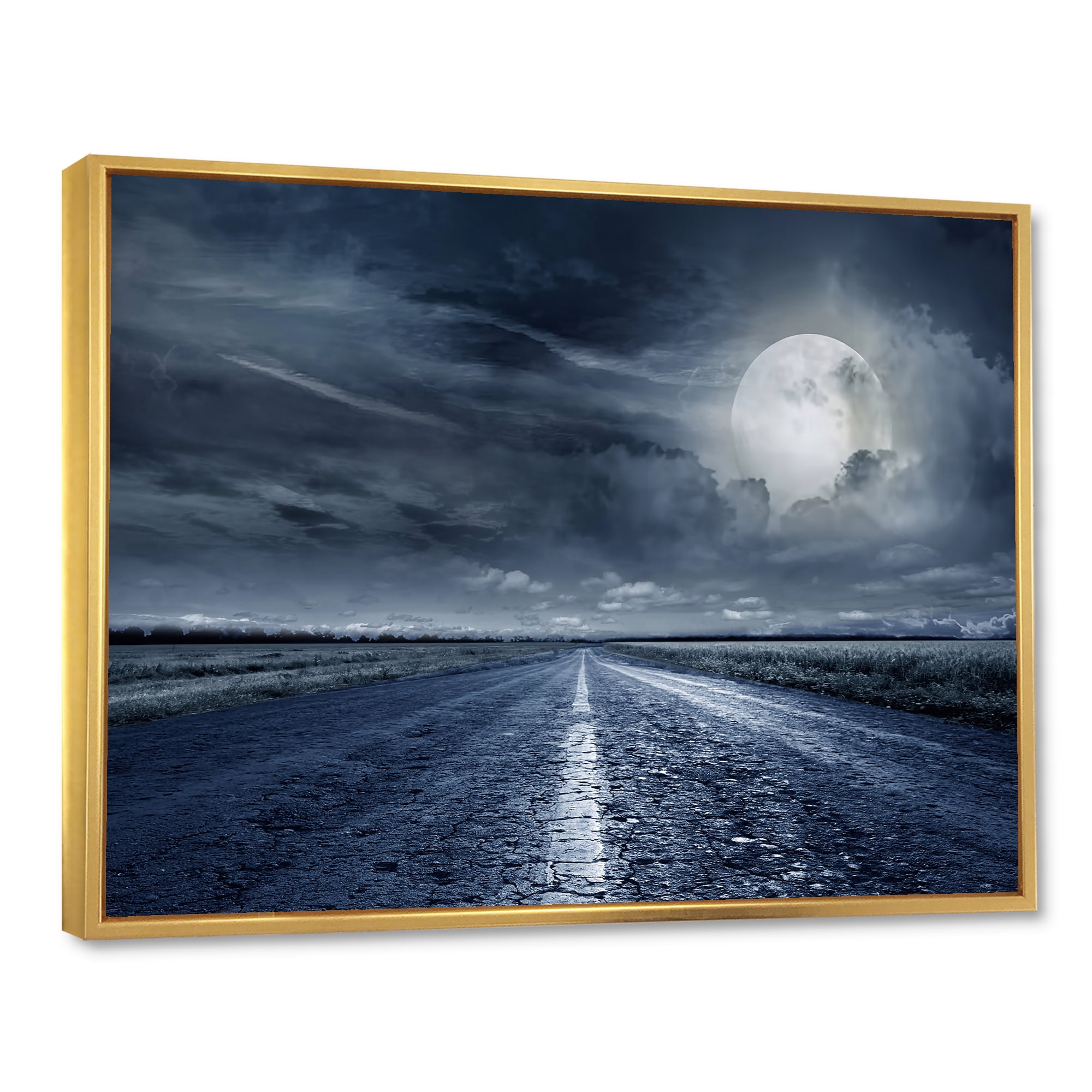 Designart 'Cloudy Full Moon Over Asphalt Road II' Nautical & Coastal Framed Canvas Wall Art Print