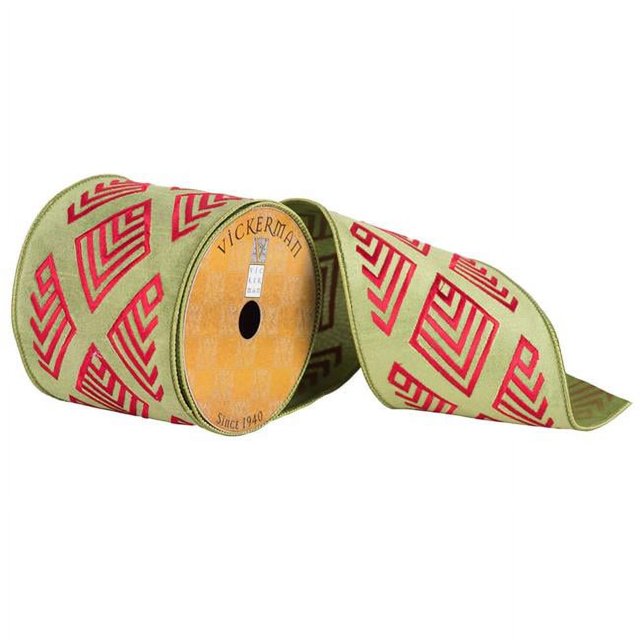 Vickerman Q172149 4 in. x 10 Yard Green & Red Embroidery Tiles Wired Ribbon