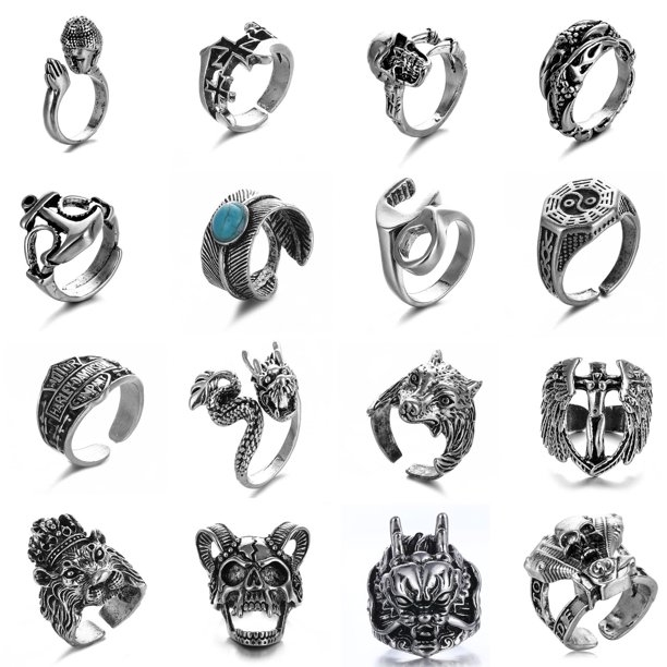 Juego de 16 anillos góticos punk de plata para hombres y mujeres, con diseño de rana, serpiente, mariposa, araña, ojo de animal, ajustable, estilo gótico, apilables.