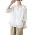 thumbnail image 5 of Solid Color Cotton Linen Blouse for Women V-Neck 3/4 Sleeves Vintage Tops Loose Embroidery Casual Shirts, 5 of 7