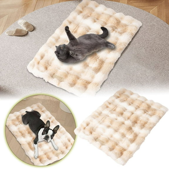 Fluffy Plush Dog Crate Bed, 1 Pack, Warm Kennel Pad for Cold Winter, Comfort Bubble Texture Blanket Mat for Cats and Puppies, Indoor Outdoor Use, Yellow, 19.7 x 14.2 Inch