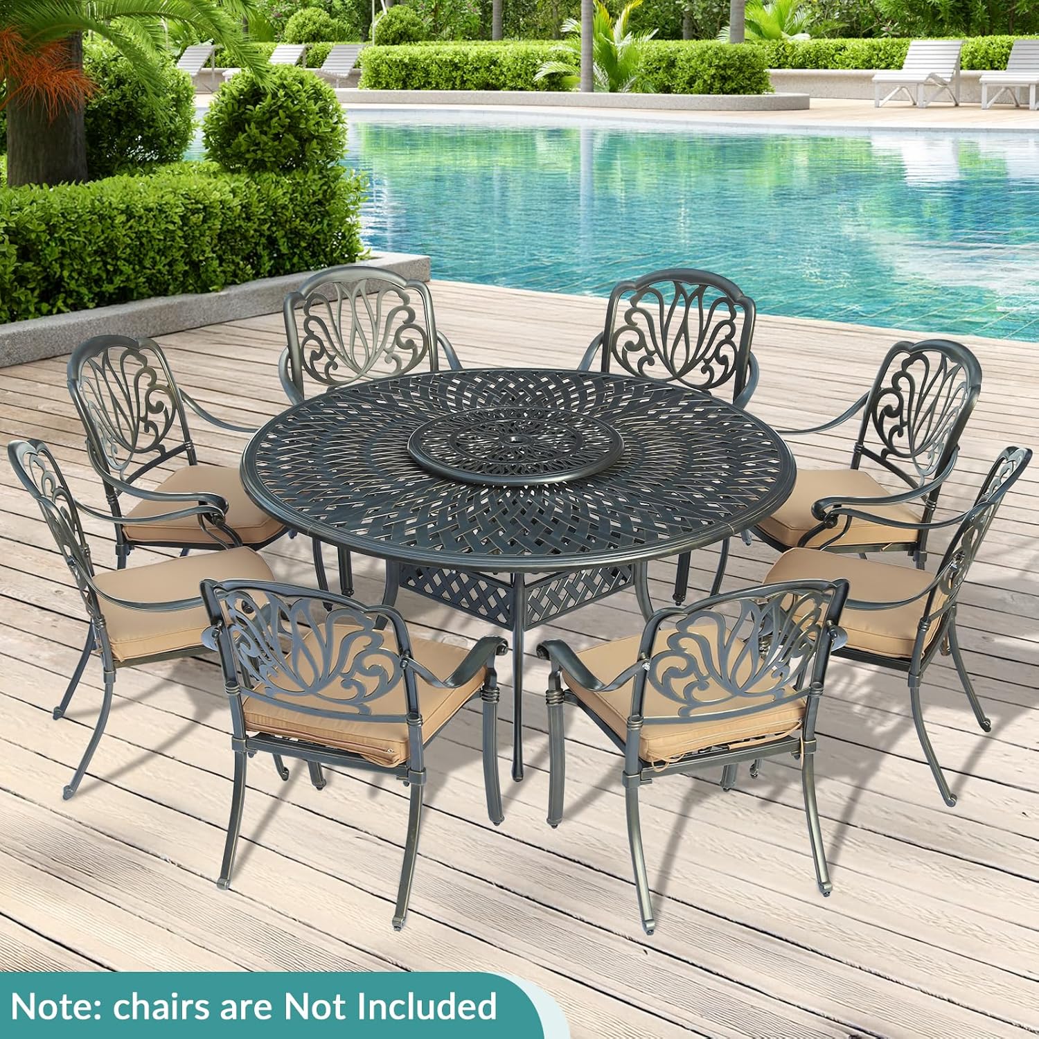 MEETWARM Outdoor 61" Round Patio Dining Table with Detachable Lazy Susan, All Weather Cast Aluminum Large Patio Furniture Table Set for 8 Seat with 24" Rotating Tray, Umbrella Hole, Dark Bronze