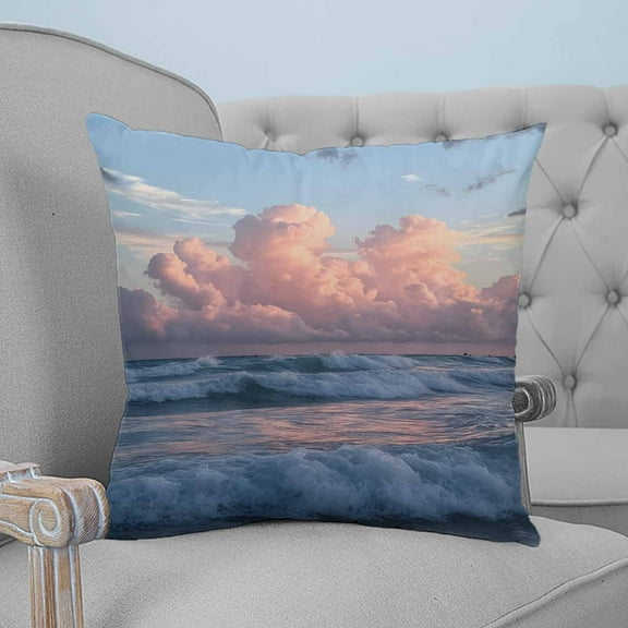 Beach Coastal Decorative Pillowcase 24''x24'', Summer Nautical Seaside Sky Blue Pink Throw Pillow Covers Soft Cushion Case for Couch Sofa Bedroom Living Room, Pillowcase Boho Decor