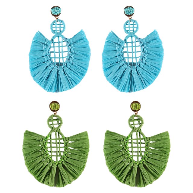 2 pares de pendientes redondos de rafia – Pendientes de paja boho – Pendientes colgantes geométricos para mujeres y niñas