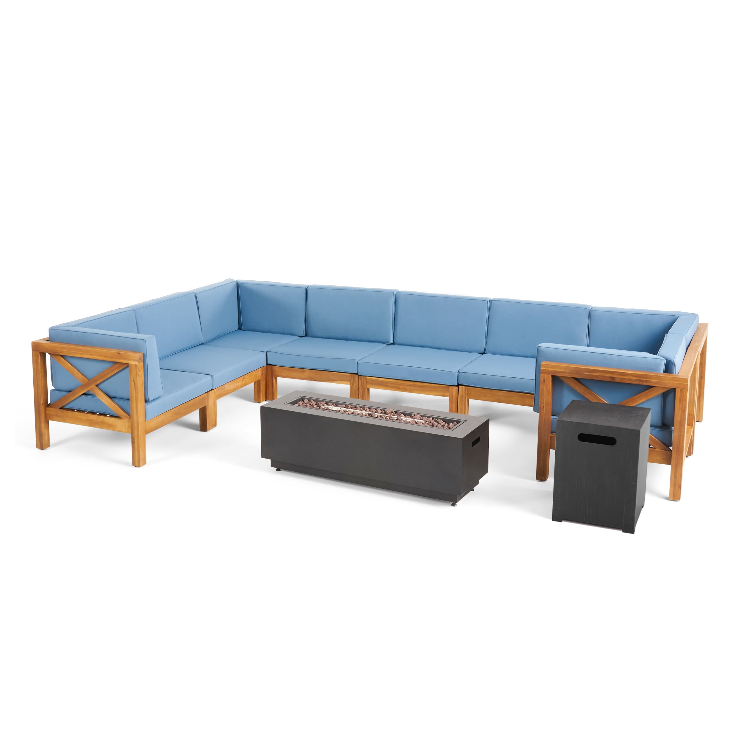 Kobe Outdoor 10 Piece Acacia Wood Sectional Sofa Set with Cushions and Fire Pit, Teak, Blue, Dark Gray