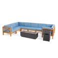 thumbnail image 2 of Kobe Outdoor 10 Piece Acacia Wood Sectional Sofa Set with Cushions and Fire Pit, Teak, Blue, Dark Gray, 2 of 9