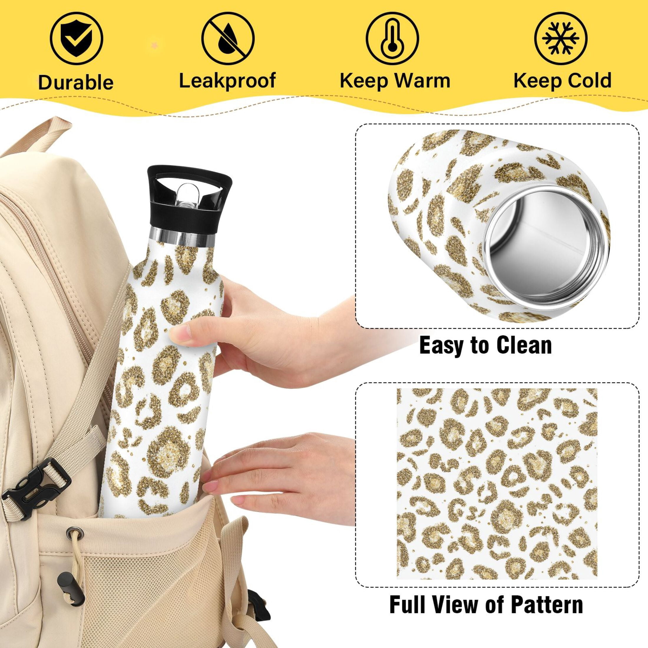 Kids Insulated Stainless Steel Sports Water Bottle 600ml Gold Leopard Print Pattern