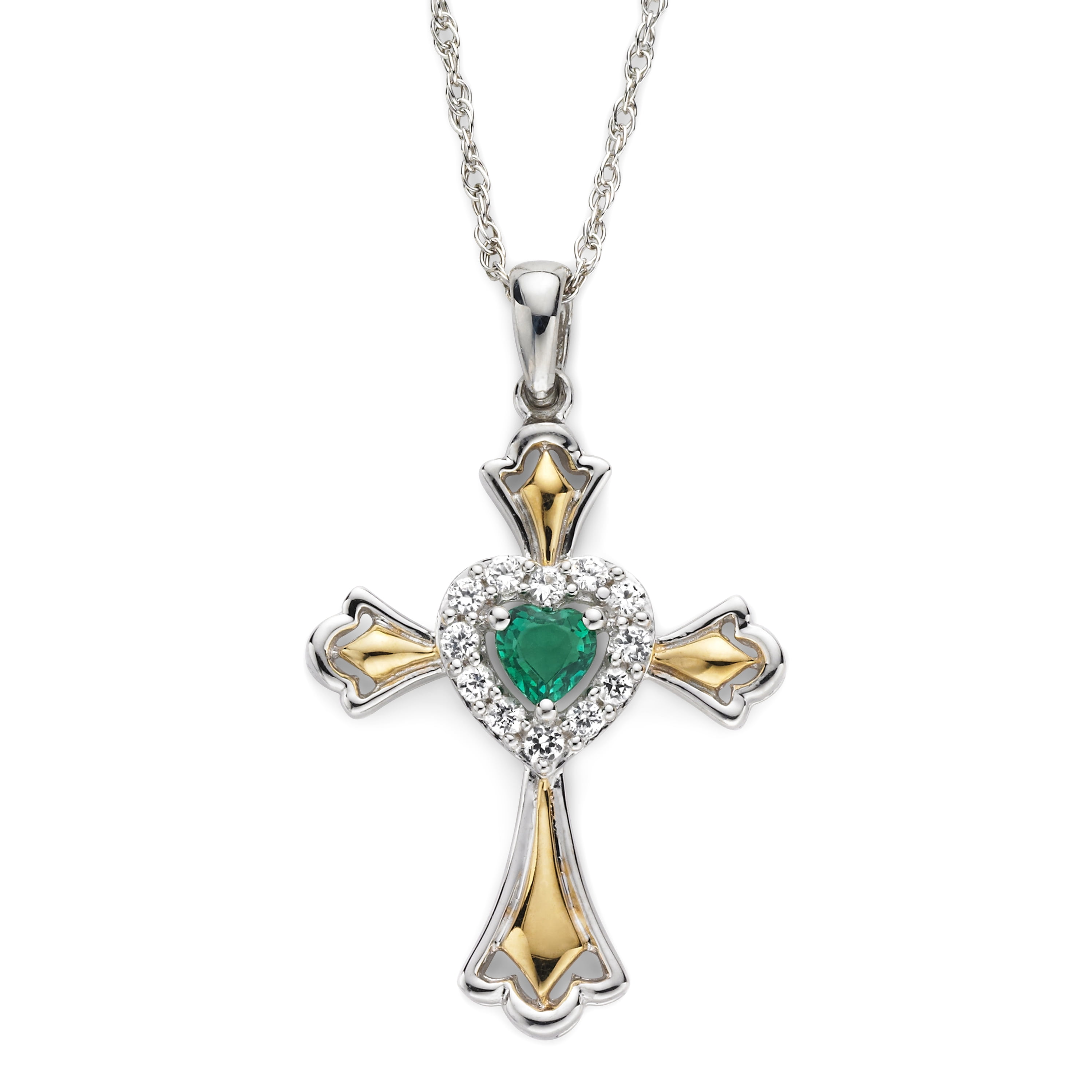 Brilliance 925 Sterling Silver with 14KY Gold Plated Created Emerald and Created White Sapphire Cross Pendant with 18" Chain