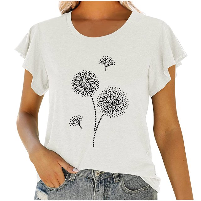 Birdeem Mode Femmes Col Rond Manches Courtes T-Shirt à Volants Imprimé Hauts Blouse d'Été