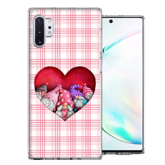 MUNDAZE for Samsung Galaxy Note 10 Valentine's Day Garden Gnomes Heart Love Pink Plaid Double Layer Phone Case Cover